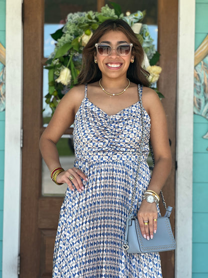 Blue Print Pleated Cami Dress