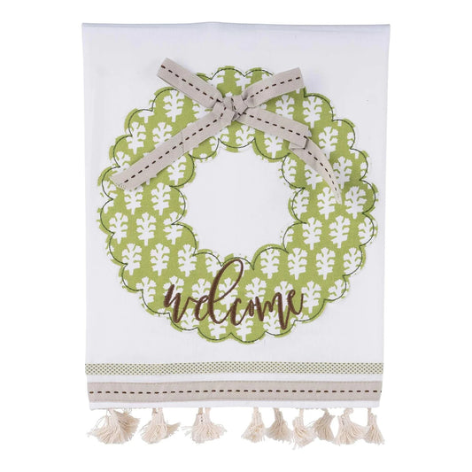 Green Welcome Wreath Tea Towel