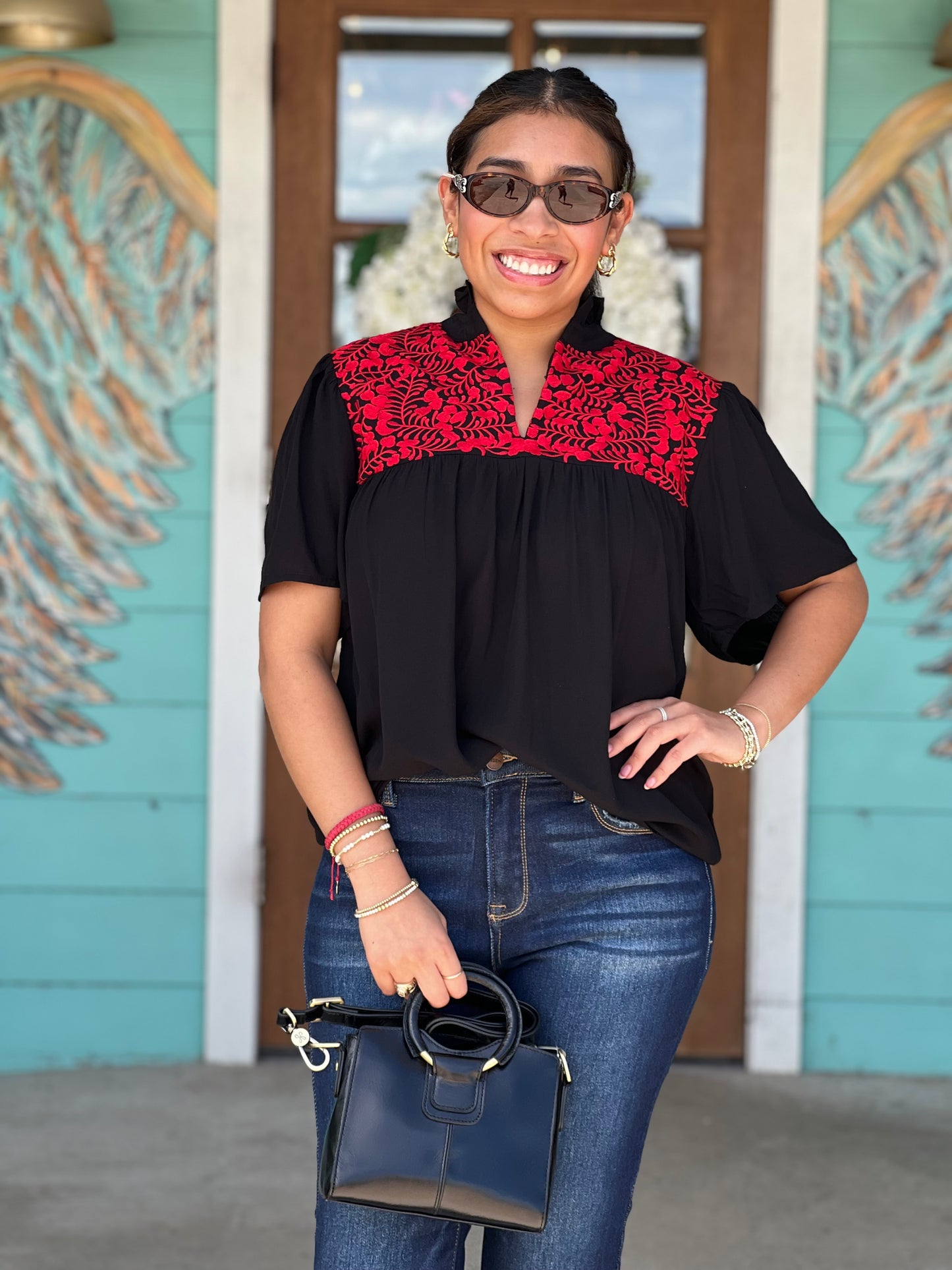 Black & Red Embroidered Legacy Top