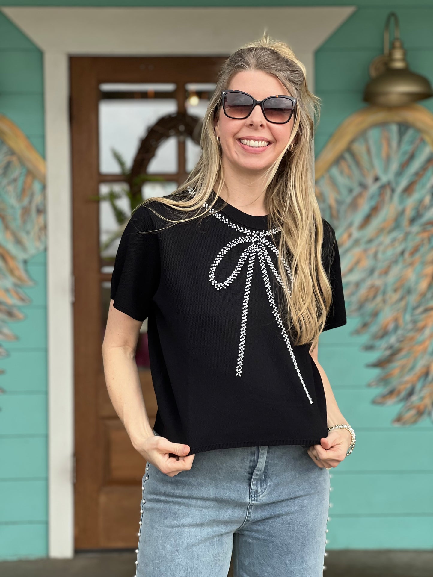 Black Pearl Embellished Bow Top