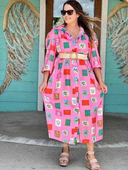 Pink Tile Print Belted Maxi Dress