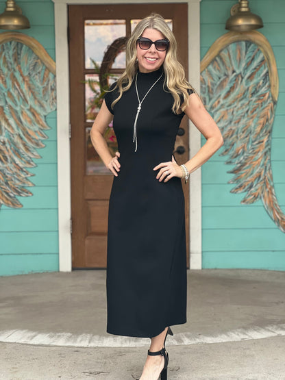 Black Mock Neck Sheath Midi Dress