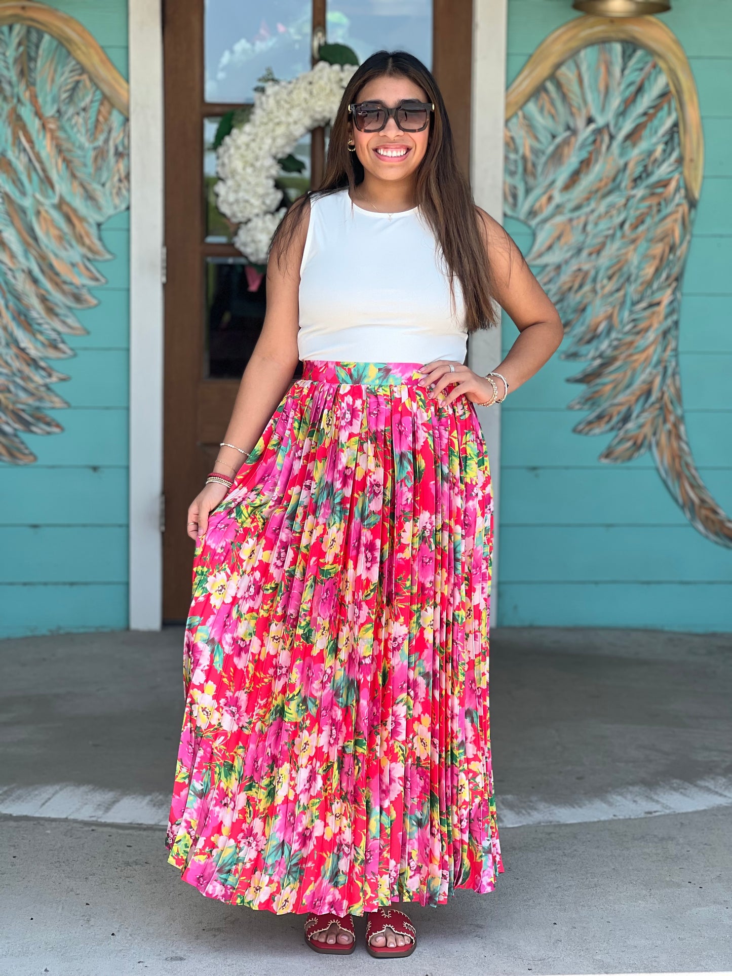 Hot Pink Floral Pleated Maxi Skirt