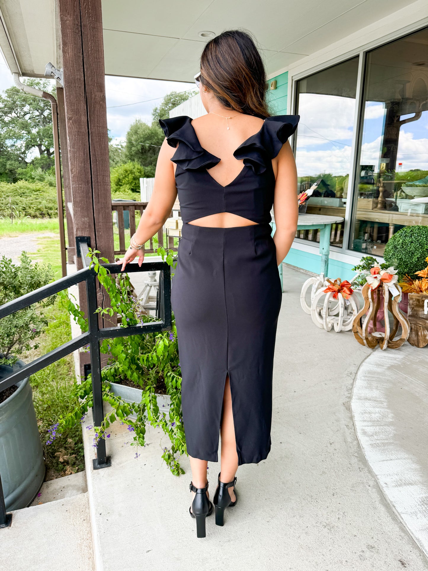 Black V-Neck Flounce Shoulder Midi Dress