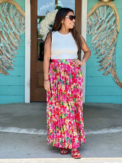 Hot Pink Floral Pleated Maxi Skirt