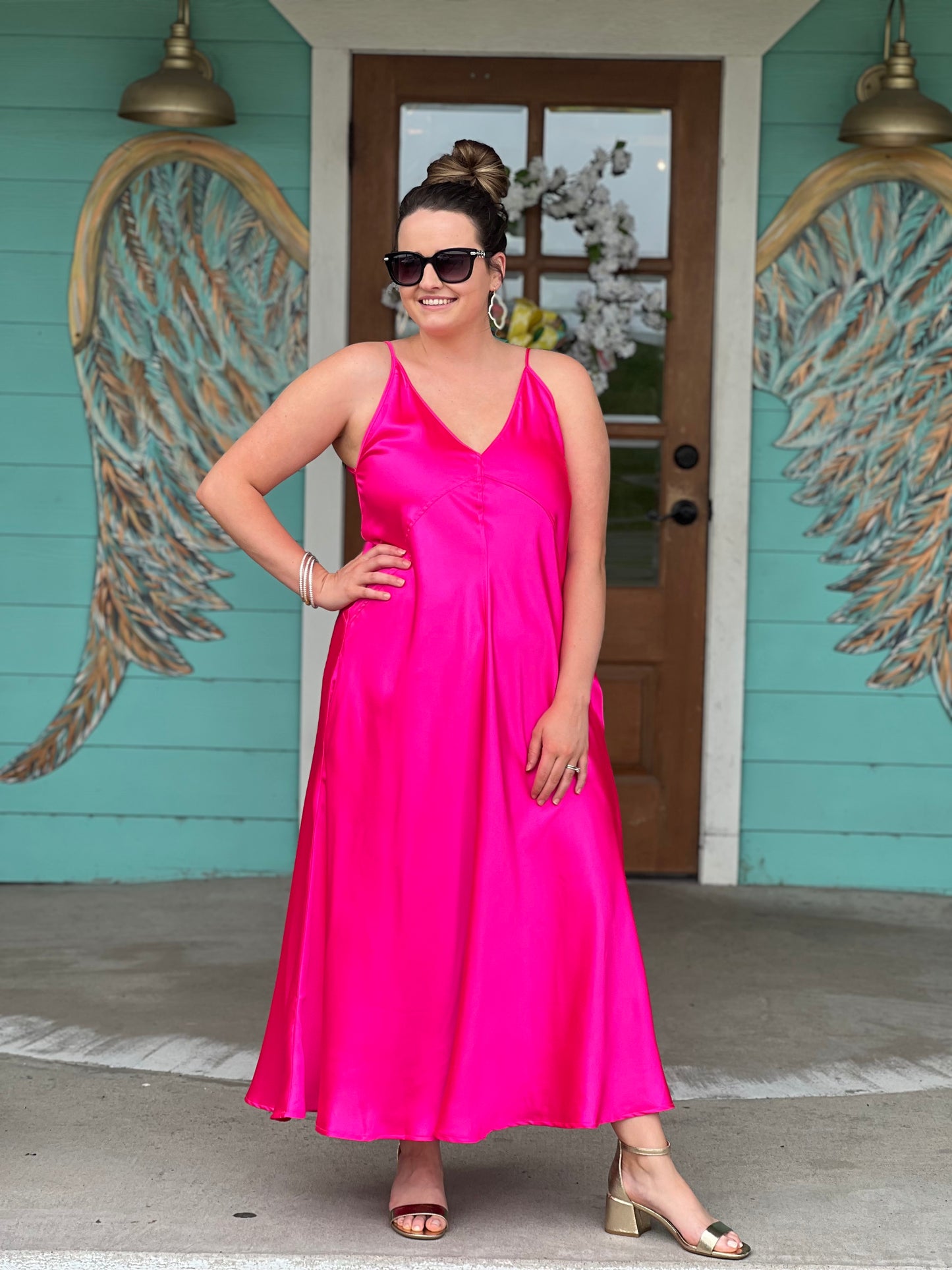 Hot Pink Satin Midi Dress