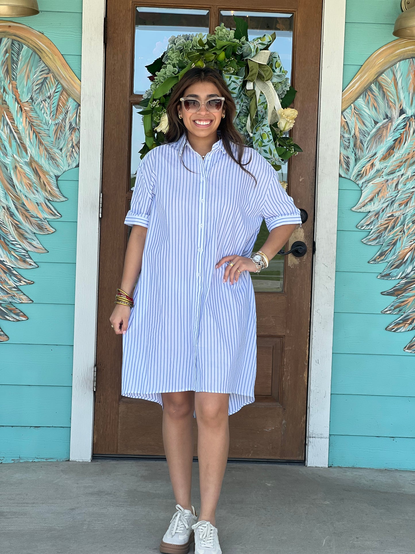 Blue Stripe Metallic Detail Dress